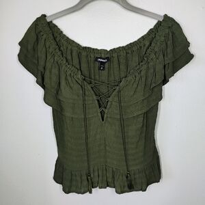 Express Milkmaid Top Womens XS‎ Olive Green Babydoll Peasant Bohemian Ruffles